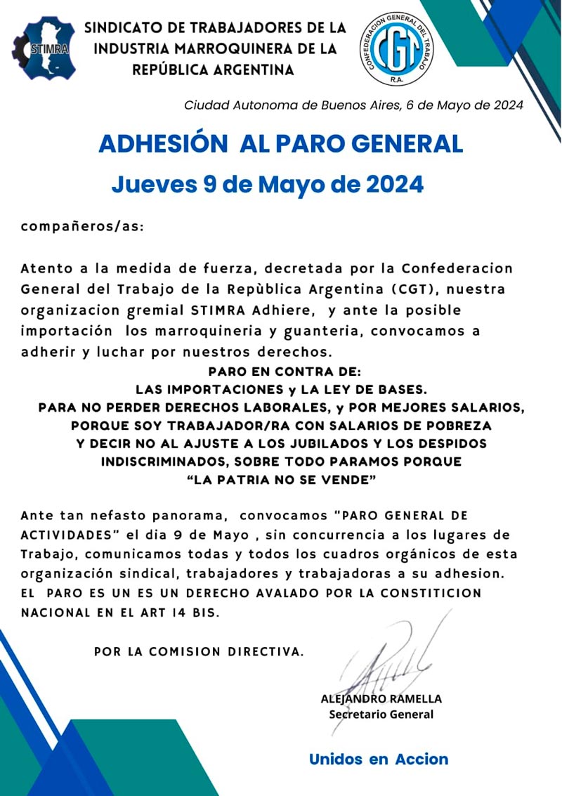 ADHEIÓN AL PARO GENERAL 9 DE MAYO